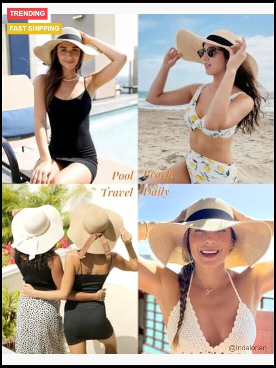 Wide Brim Sun Straw Hat UPF 80 Floppy Beach Foldable Packable with Chin Strap main image 4